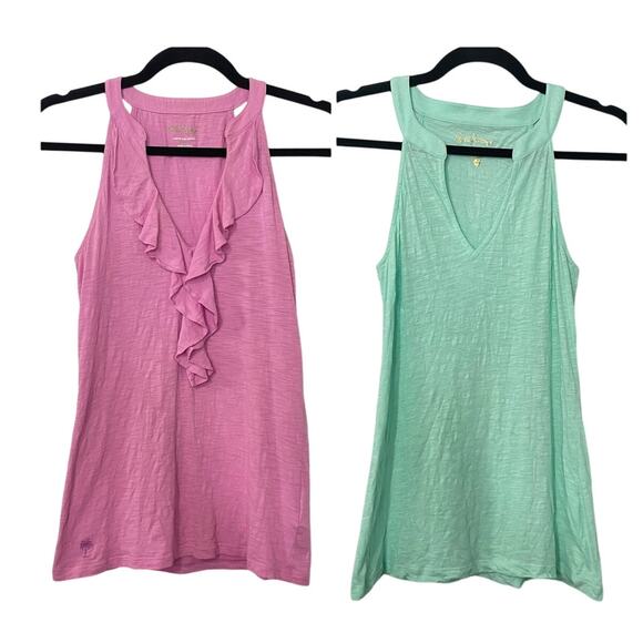 Lilly Pulitzer Arya Split Neck Tank Top & Shay Ruffle Tank Top 2pc Set Womens XS - Picture 1 of 16